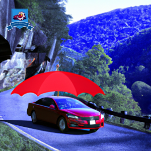 An image of a car driving through the scenic mountains of Summersville, West Virginia, with a bright red umbrella symbolizing affordable and reliable car insurance coverage