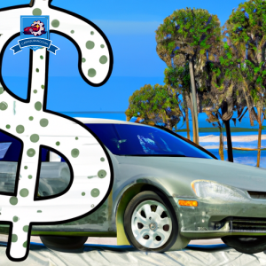 An image of a sandy beach with palm trees, a surfboard, and a car covered in a dollar sign pattern, symbolizing the search for the cheapest car insurance in Surfside Beach, South Carolina