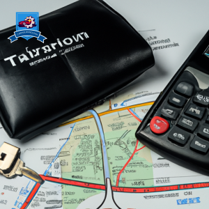 An image of a wallet overflowing with cash, a calculator, and a car key on a map of Thompson Falls, symbolizing the search for the cheapest car insurance in the area