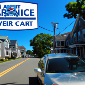 An image of a car driving through the quaint streets of West Kingston, Rhode Island, with a sign displaying "Cheapest Car Insurance" in the foreground