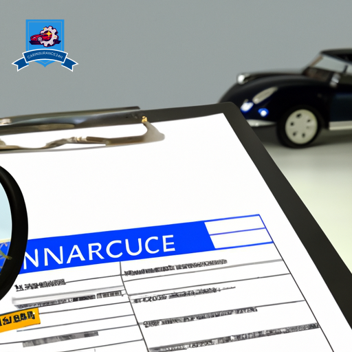 An image of a magnifying glass hovering over a detailed car model with visible damage, next to a clipboard with a checklist, all set against the backdrop of an insurance company's office