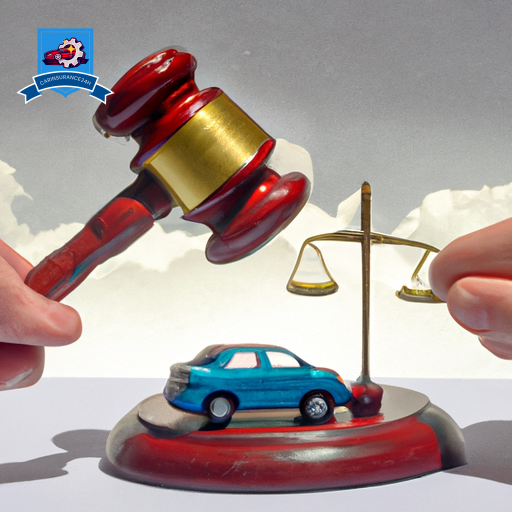 Ate a scale of justice balancing a car and a gavel, with two people on opposite sides holding paperwork, in a tug-of-war stance, under stormy clouds with a ray of sunlight breaking through