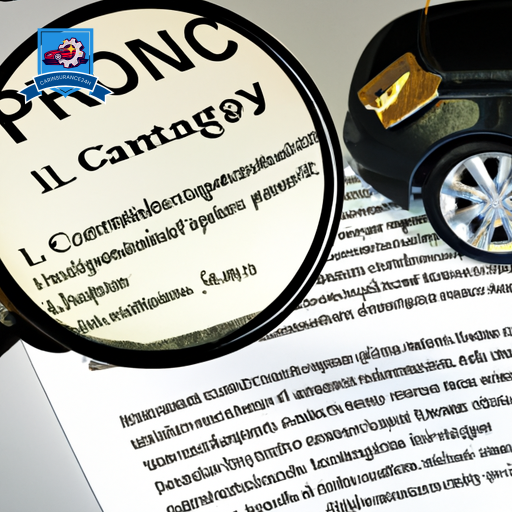 An image of a magnifying glass hovering over a car insurance policy document, highlighting sections, with symbolic icons (car, contract, shield) arranged around it, representing the key aspects of understanding the policy
