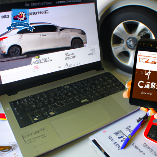 An image of a person photographing their damaged car with a smartphone, with an open laptop displaying a car insurance website form in the background