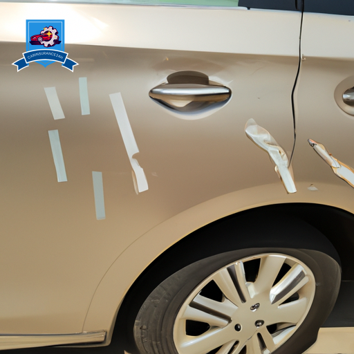 Ate a car with visible dents and scratches parked next to an insurance office, with a noticeable path leading from the car to the office door, hinting at the process of filing a claim