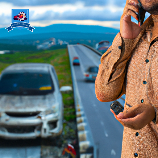 An image of a person holding a damaged car key, standing next to a wrecked car on the side of the road while talking on a cellphone