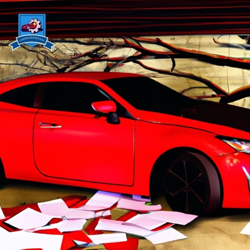 An image of a shiny red sports car parked in a garage, surrounded by various insurance documents and a broken windshield from a fallen tree branch