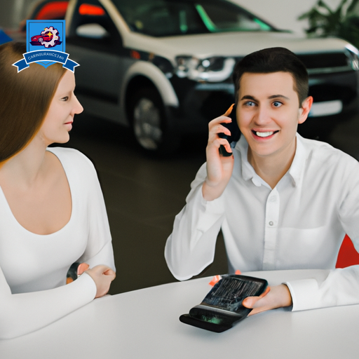 An image of a customer service representative assisting a smiling customer with a car insurance claim