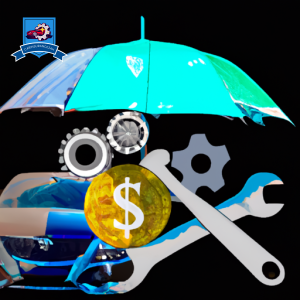 An image featuring a shield overlaying a used car, with icons of money, a wrench, and a protective umbrella encircling them, symbolizing comprehensive insurance coverage for used cars against various risks