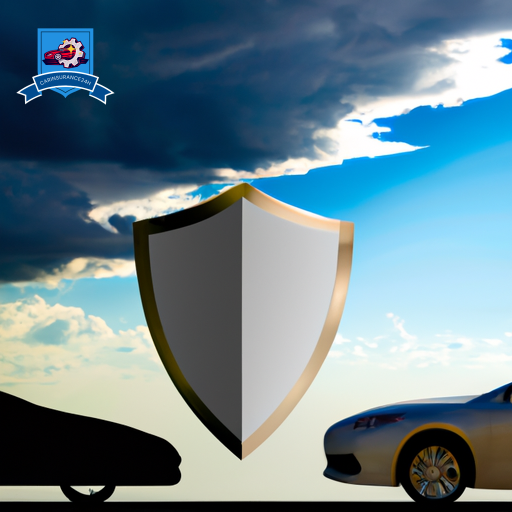 An image of a shield divided into two halves, one with a car under storm clouds and the other showing the same car under a clear, sunny sky, symbolizing protection and risk management in car insurance