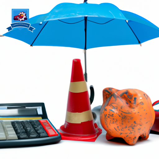 E an image of a damaged car with a calculator, a piggy bank, and a traffic cone, all partially covered by an open umbrella, symbolizing protection and the financial aspects of car insurance deductibles in accidents