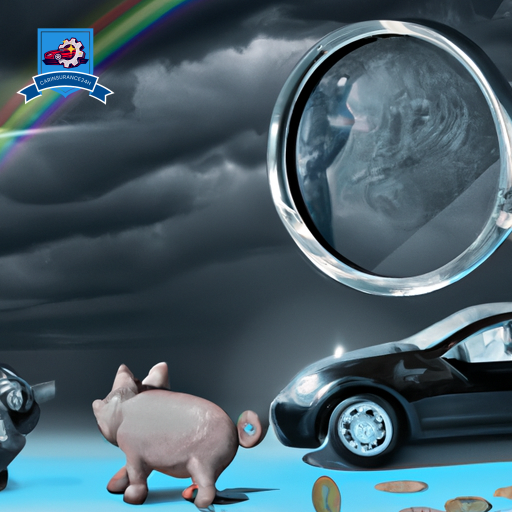 An image featuring a magnifying glass inspecting a car under a storm cloud, with a broken piggy bank and mythological creatures (like unicorns) fading away in the background
