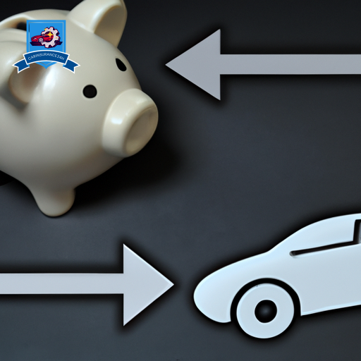 An image of a sleek car with a piggy bank and two arrows, one pointing up and another down, representing the adjustable nature of a car insurance deductible