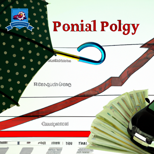 An image featuring a car shadowed by an umbrella made of money, with a graph arrow pointing downward, situated against a backdrop of insurance policy documents