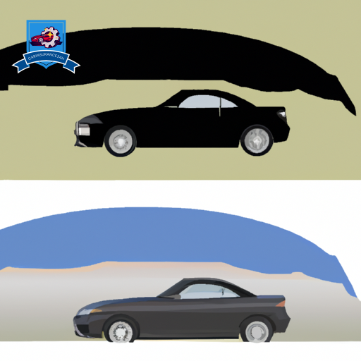 Ate a split image: on one side, a minimalist car under a protective dome, and on the other, a car exposed to stormy weather, symbolizing comprehensive versus basic insurance coverage levels