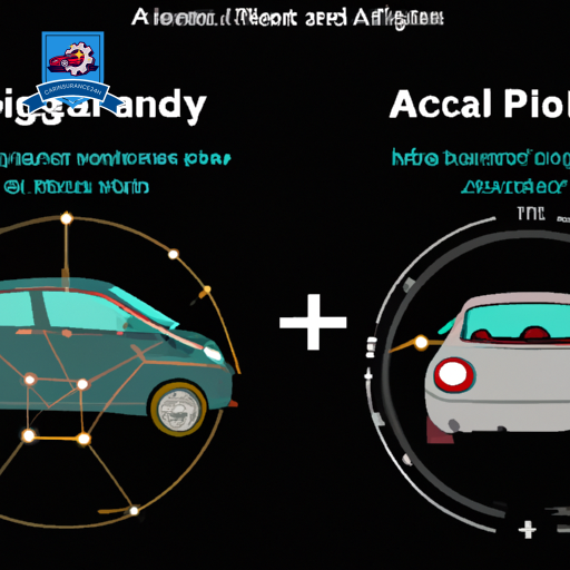 Ate a split image: on one side, a car equipped with modern safety features like airbags, ABS, and lane-assist icons glowing