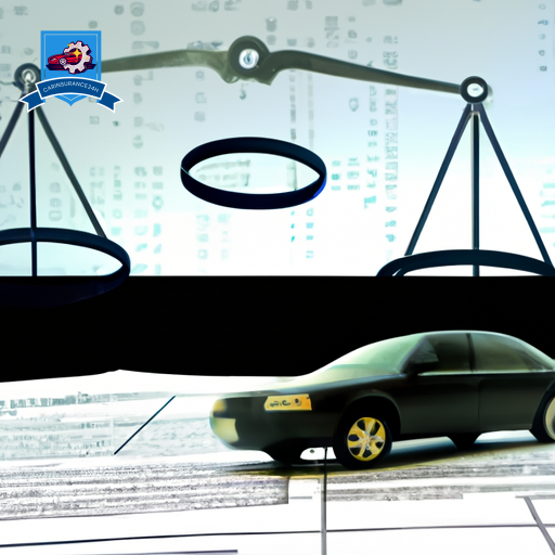An image with two cars, one with a pair of rings above it and the other solo, divided by a scale, set against a backdrop of paperwork silhouettes indicating insurance documents