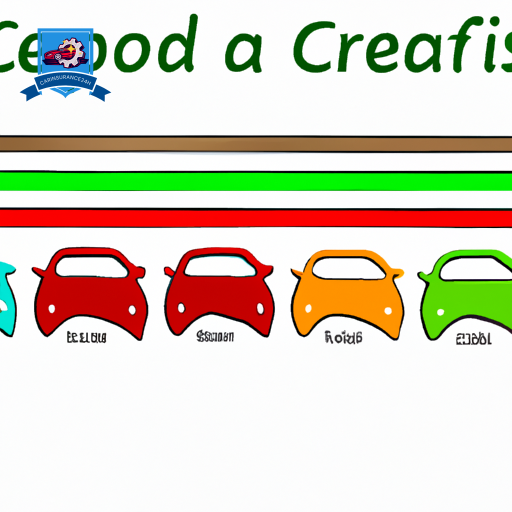 Ate a credit score meter transitioning from red to green, with varying car models lined up alongside, reflecting changes from expensive to budget-friendly insurance rates as the credit score improves