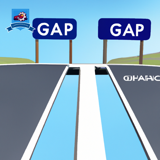 Ate a divided highway, with one lane showing a rental car and the other a car on a test drive, both heading toward a bridge labeled "GAP Insurance," symbolizing safety and coverage