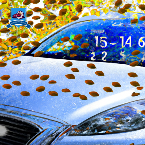 Ate a calendar with four distinct seasonal backgrounds (snowy, rainy, sunny, and autumn leaves) overlaying a car, with a protective shield symbol hovering above, indicating insurance coverage for various driving conditions