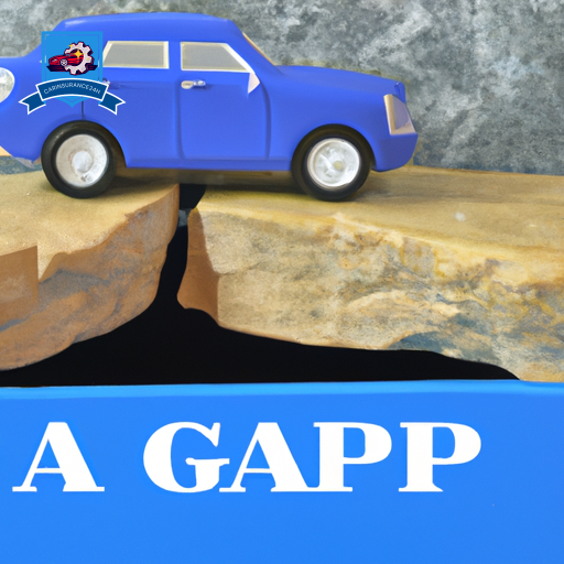 Ze a car halfway across a gap between two cliffs, with a safety net underneath labeled "Gap Insurance," illustrating the concept of financial protection in the event of a total loss