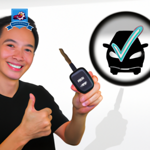 An image featuring a happy young driver holding car keys, with a digital device displaying a checkmark and a simplified car outline, all surrounded by a soft glow indicating instant approval
