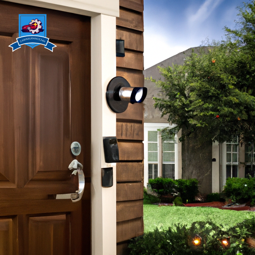 An image of a sturdy front door with a smart lock, surrounded by security cameras and motion sensor lights