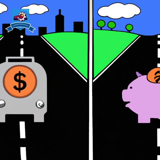 Ate a split road: one path with a car driving through a cityscape, paying coins per mile, and the other path through the countryside with a piggy bank in the passenger seat, symbolizing savings