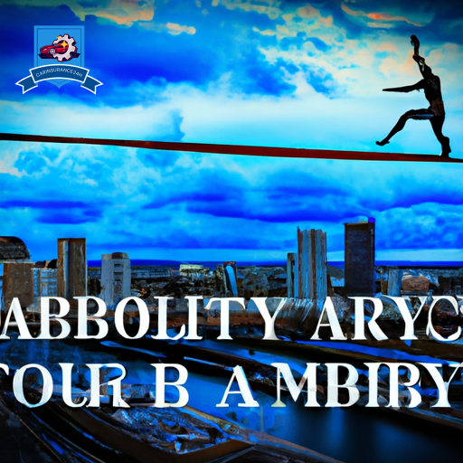 Ze a tightrope walker balancing above a cityscape, with two safety nets labeled "Bodily Injury" and "Property Damage" below, and storm clouds gathering above to symbolize the high risk