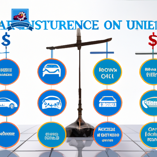 L comparison of different car insurance quotes, featuring symbols like scales for balance, cars, and currency icons, highlighting key differences in coverage and cost among various liability insurance options