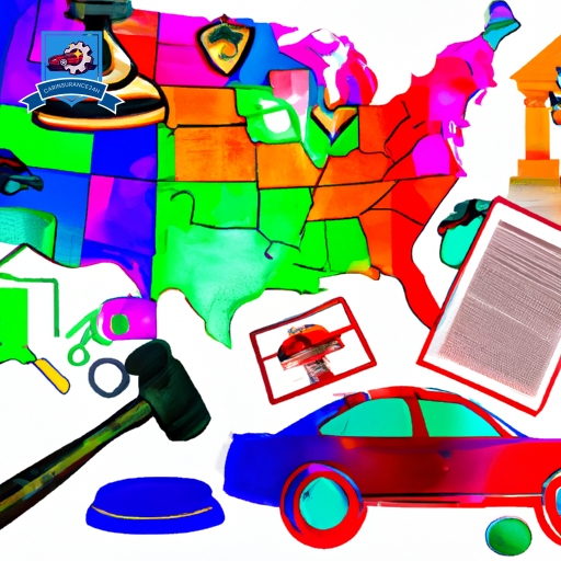 An image featuring a map of the USA with various car symbols, each colored differently to represent the range of minimum liability insurance requirements across the states, with a courthouse and gavel overlay
