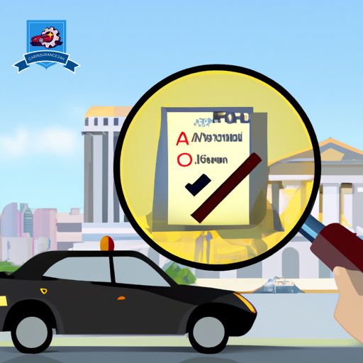 Ate a broken car with a shield icon partially covering it, juxtaposed with a magnifying glass highlighting a checklist, set against a backdrop of a cityscape and legal scales subtly integrated