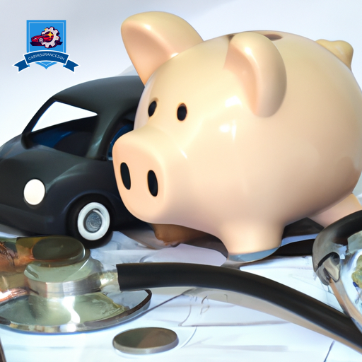 An image of a piggy bank with a stethoscope wrapped around it, next to a diminishing stack of coins and a small car model, all atop an insurance policy document