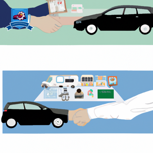 Ate a split image: one side showing a car filled with medical supplies, the other side showing a handshake between a doctor and a driver, both surrounded by insurance policy icons