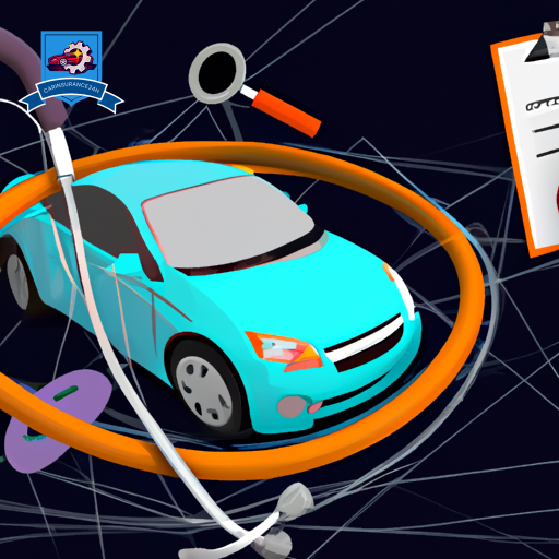 An illustration featuring a stethoscope intertwined with a car, surrounded by insurance policy icons and a safety net below, emphasizing MedPay coverage's protection in auto accidents