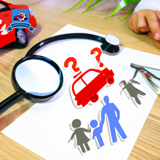 An image of a family examining a car insurance policy under a magnifying glass, with various medical symbols (like a stethoscope and a first aid kit) and question marks floating around them