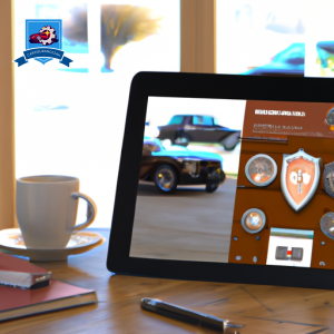 Al tablet displaying a website interface with icons of a car, motorcycle, and RV, all connected by dotted lines to a stylized insurance shield, set against a backdrop of a cozy home office