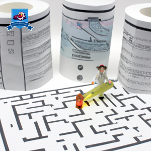 Made of towering medical bills and insurance forms with a small, determined figure navigating through, holding a compass and a flashlight, with a hospital visible in the background beyond the maze