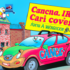 An image of a colorful, cheerful cartoon car driving through the charming streets of Newport, with a large sign displaying "Cheap Car Insurance" on the side