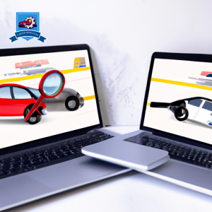 Ate two laptops side by side, each displaying a different car insurance website, with a magnifying glass focusing on one, surrounded by various car models and a checkmark symbol floating above