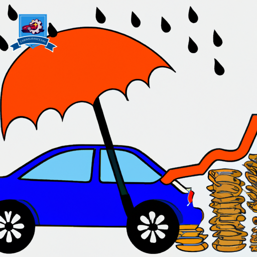 Ate a car shielded by an umbrella, with coins raining down on it, and a graph depicting rising and falling lines behind, symbolizing fluctuating insurance premiums