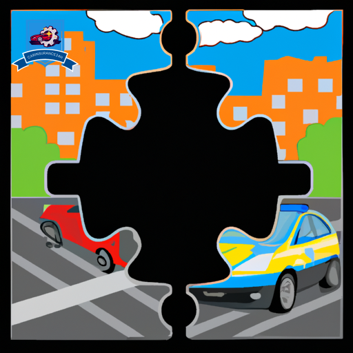 Ate two puzzle pieces fitting together, one featuring a car with a protective shield around it and the other a medical cross, set against a backdrop of a seamless blend of a road and hospital elements