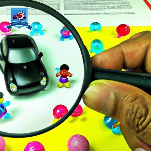 An image of a person holding a magnifying glass over miniature car models, each surrounded by different colored protective bubbles, symbolizing various PIP policies, set against a backdrop of insurance policy documents