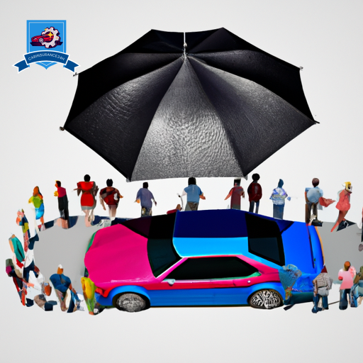 An image featuring diverse people of all ages surrounding an umbrella shielding a variety of vehicles underneath, symbolizing protection and inclusivity in the context of Personal Injury Protection (PIP) Car Insurance