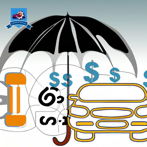 An image featuring a car shielded by an umbrella, with symbols of medical care, legal gavel, and cash, all divided by lines within the shield, hinting at different coverage aspects without any text