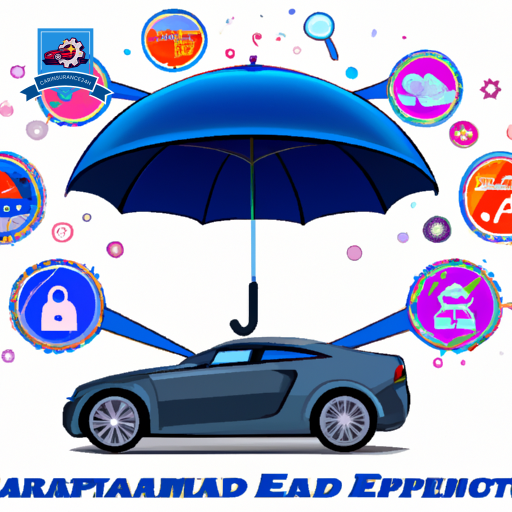 Ate a car with an umbrella shield above, surrounded by icons representing extras—GPS, safety seat, tire, and a badge symbolizing endorsements, all encased in a protective bubble, implying comprehensive coverage
