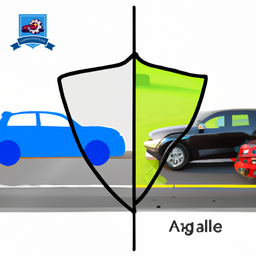 An image featuring a split view: on one side, a car accident with two vehicles, and on the other, a protective shield symbolizing insurance