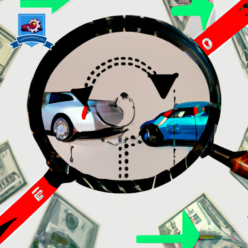 An image of two cars colliding at a crossroad, with a magnifying glass highlighting the point of impact, surrounded by insurance policy icons like a shield, dollar sign, and repair tools