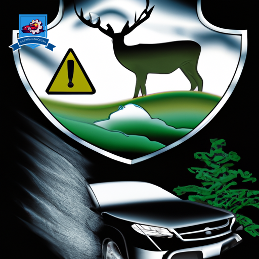 An image featuring a shield enveloping a car under a protective bubble, with symbols of theft (mask), natural disaster (tornado), and wildlife (deer) around it, highlighting comprehensive coverage security