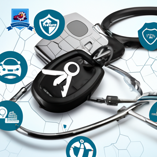 An image of a stethoscope entwined with a car key, set against a backdrop of medical icons and a safety shield, symbolizing medical payments coverage in car insurance